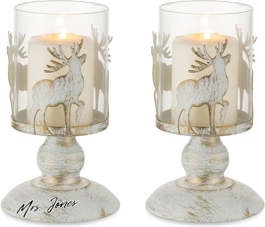 Mrs. Jones Premium Collection Distressed Stag Kaarsenhouders Set van 2 Vintage Herten Pijler Kerst Tafel Mantel Open haard