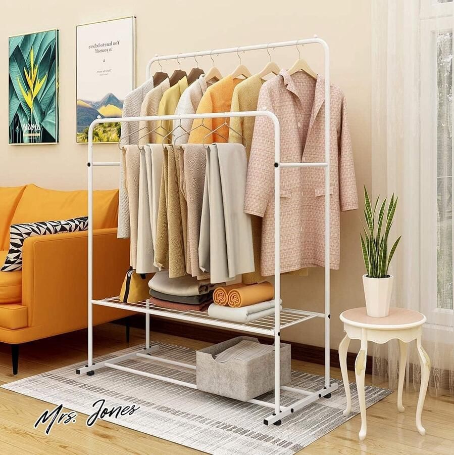 Mrs. Jones Essence Collection Vrijstaand kledingrek Dubbele stangen Multifunctioneel Slaapkamer Wit