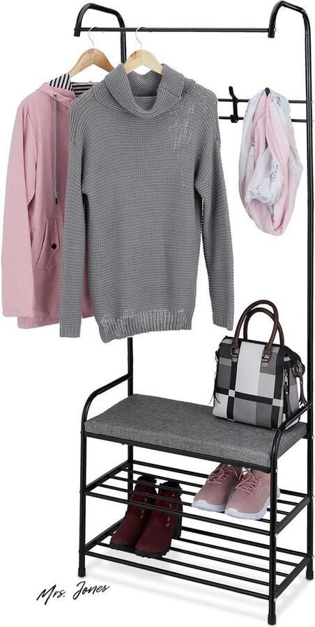 Mrs. Jones Premium Collection Garderoberek Schoenenrek Bankje Metaal Staand 4 haken Zwart HBD 173x64x30 cm