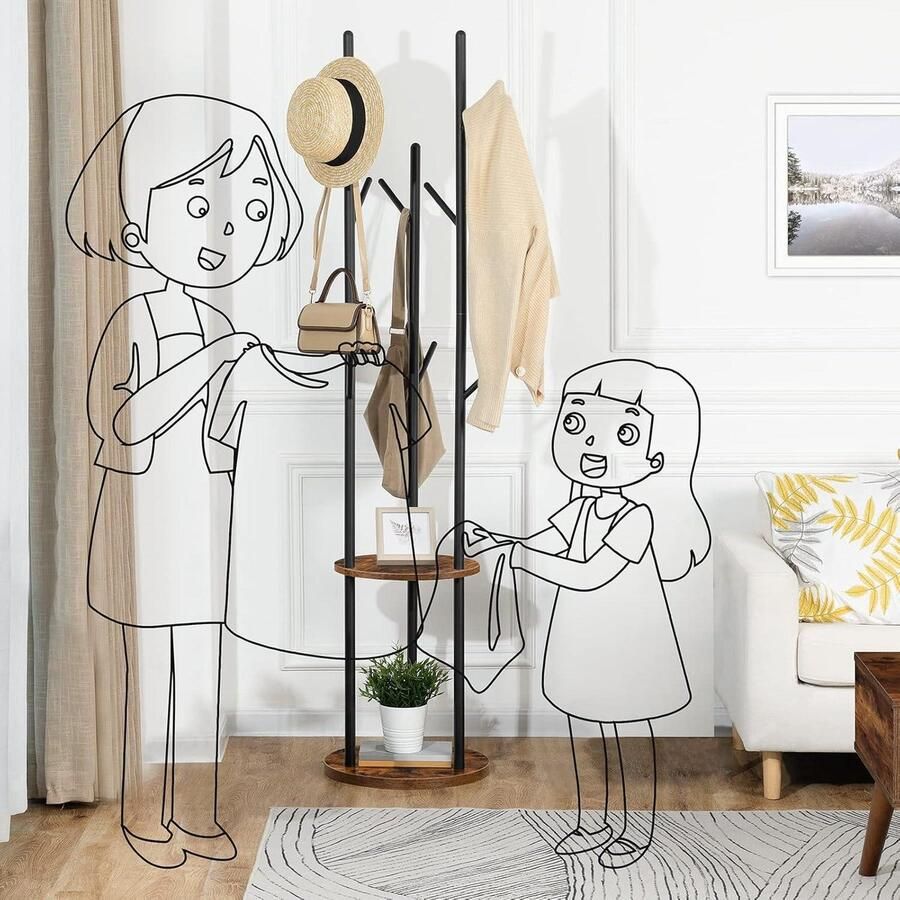 Mrs. Jones Premium Collection Garderobestandaard Vrijstaand Boomvorm 8 haken 2 ronde planken Vintage Bruin-Zwart