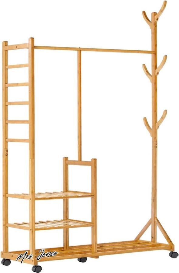 Mrs. Jones Premium Collection Kledingrek Bamboe Boomontwerp Haken 3 planken Wielen