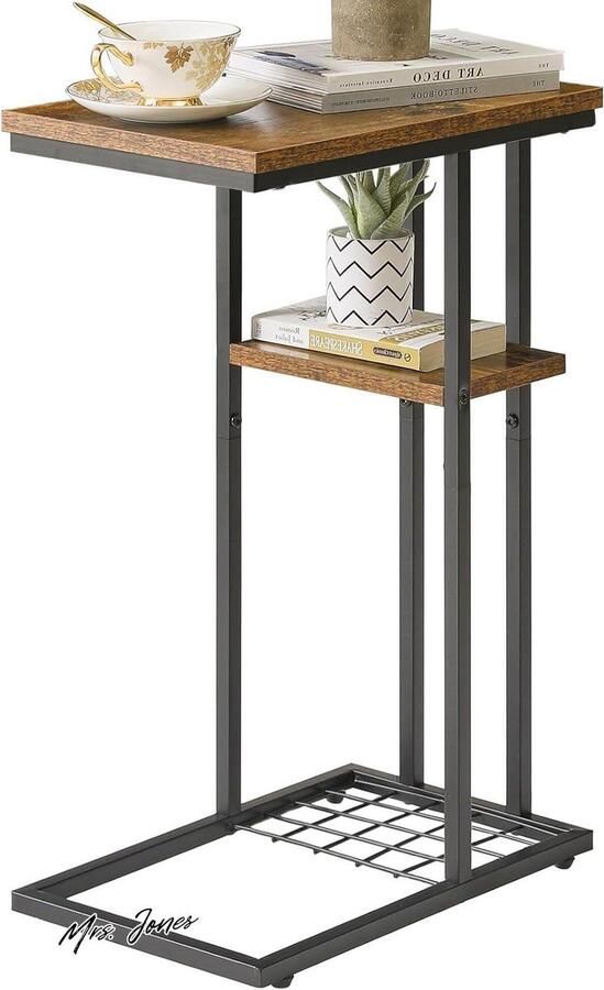 Mrs. Jones Premium Collection Bijzettafel C-vorm 2 etages Industriële stijl Woonkamer Slaapkamer Balkon 40x26x61 5 cm Bruin Zwart