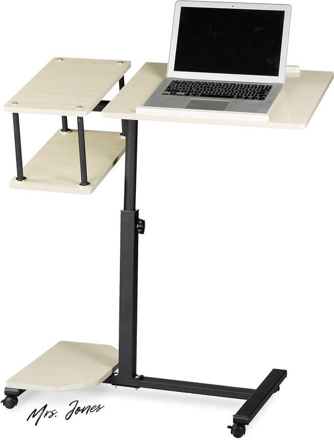 Mrs. Jones Premium Collection Laptoptafel op wieltjes XL Verstelbaar 2-delig tafelblad Extra oppervlaktes Anti-slipbalkjes Crème