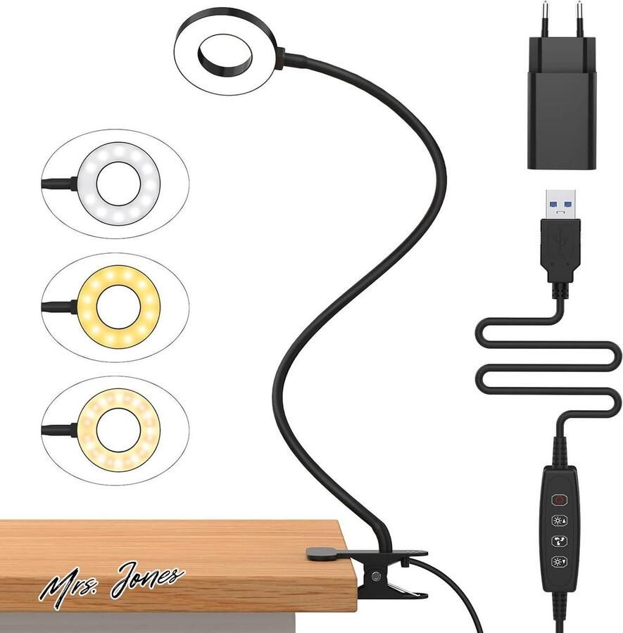Mrs. Jones Premium Collection LED Leeslamp Bed Dimbaar 3 Modi 10 Helderheidsniveaus Oogbescherming Flexibele Zwanenhals USB Oplader 10W