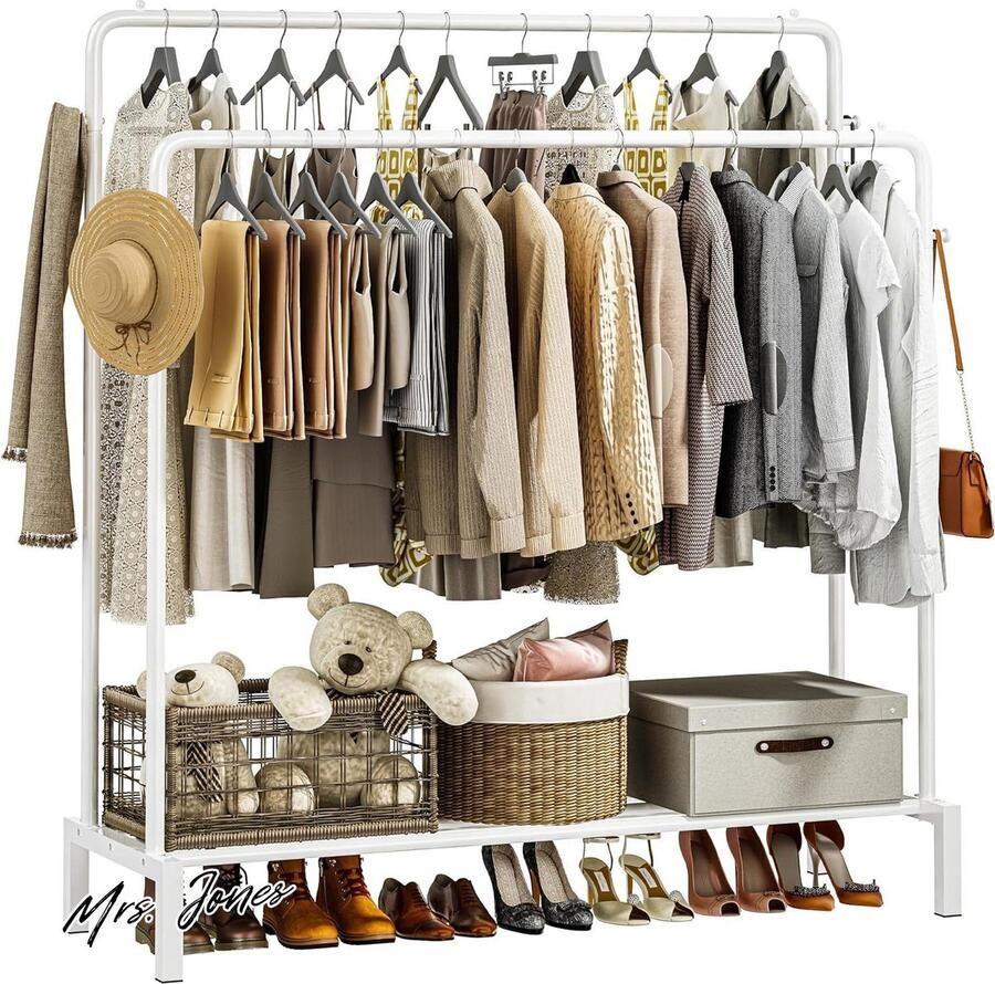 Mrs. Jones Metalen Clothes Rack Dubbele Stang Grote Vrijstaand Kledingrek Bodemplanken 4 Haken Multifunctionele Kapstok Slaapkamer Kledingopslag