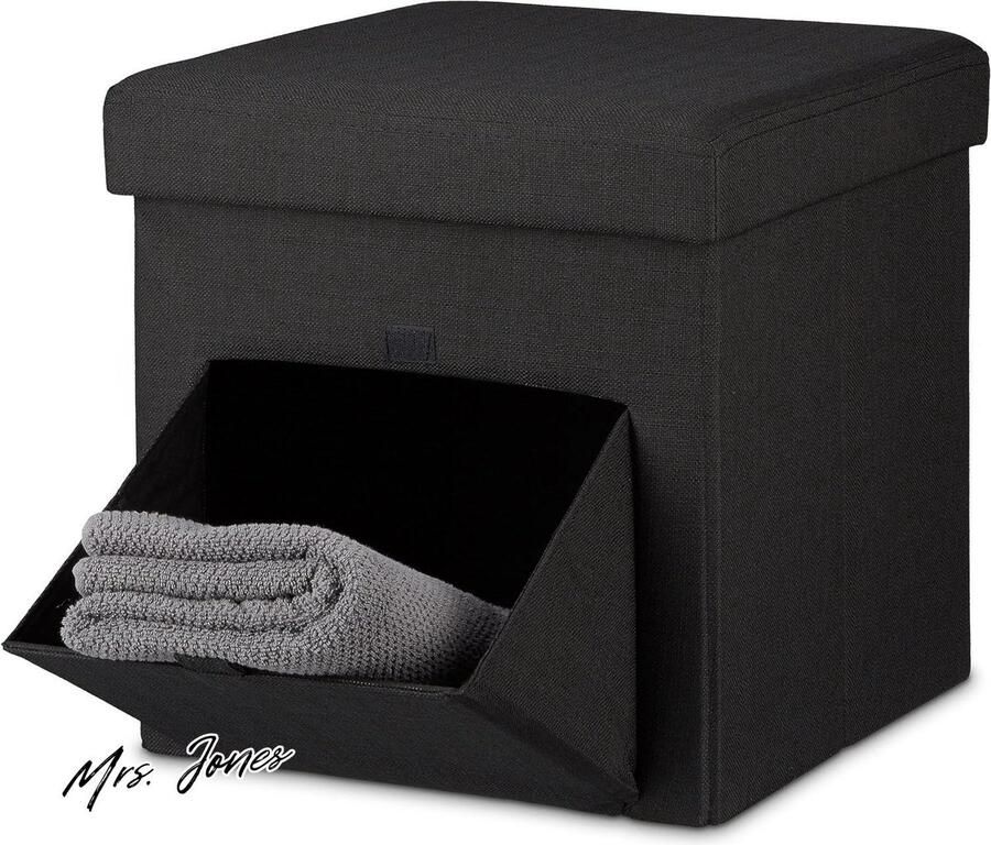 Mrs. Jones Premium Collection Opvouwbare poef Opbergruimte Stof Voetenbank Modern 38x38x38 cm Zwart