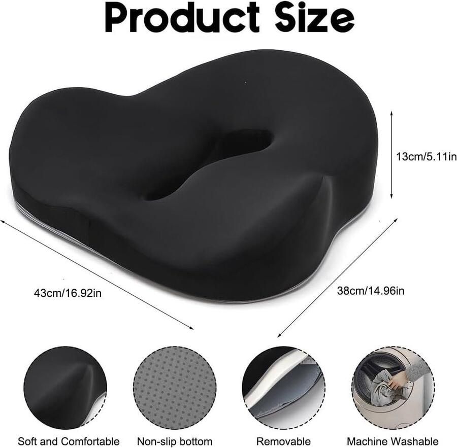 Mrs. Jones Premium Collection Orthopedisch zitkussen Geheugenschuim Stuitbeenkussen Ergonomisch Bureaustoel Autostoel Zwart