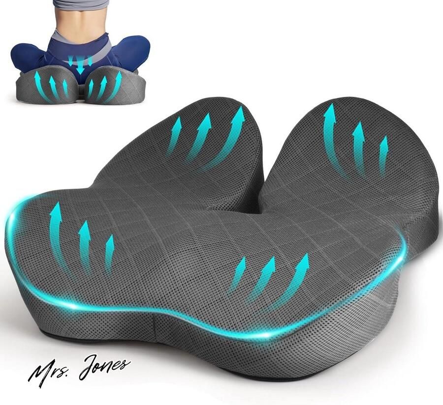 Mrs. Jones Premium Collection Orthopedisch zitkussen Stuitbeenontlasting Auto Bank Kantoor Traagschuim Donkergrijs