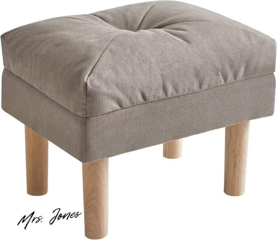 Mrs. Jones Premium Collection Ottomaanse Zitzak Stoel Gecapitonneerde Zitting Spons Lage Houten Kruk Grijs 40x29x32 cm