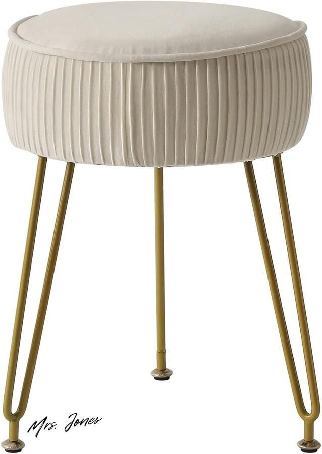 Mrs. Jones Premium Collection Ronde fluwelen voetenbankje Make-uptafelkruk Stalen poten Goudkleurig Crème-wit