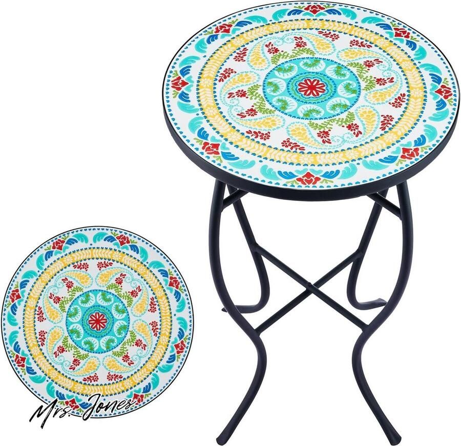 Mrs. Jones Premium Collection Ronde retro mozaïektafel Bijzettafel 355 cm (14 inch) Metaal Groen en oranje