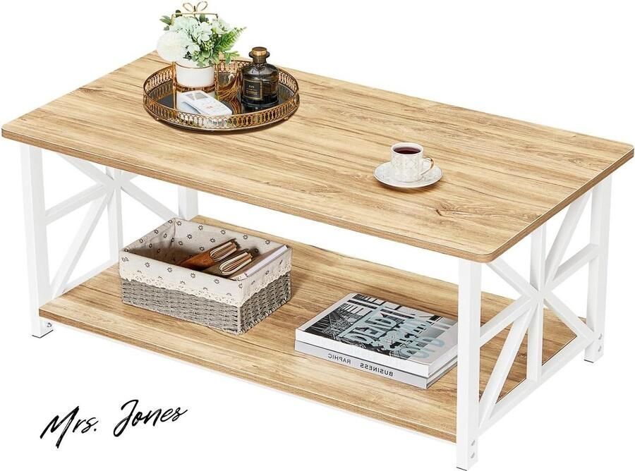 Mrs. Jones Premium Collection Salontafel Ronde hoek 100 cm 2-Tier opslagplank X-Frame design Eiken