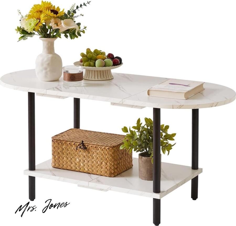 Mrs. Jones Premium Collection Salontafel Kleine Woonkamer Sofa Tafel Houten Poten 2 Tier Opslag Wit Faux Marmer Zwart YD-011M