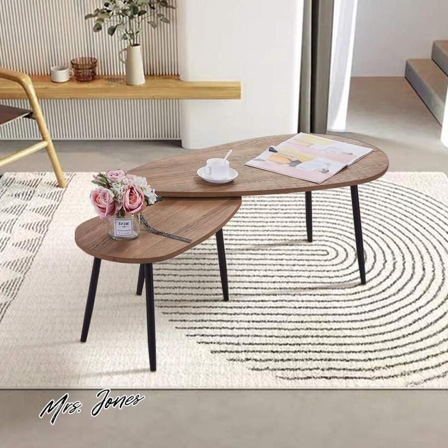 Mrs. Jones Premium Collection Salontafel Set Nest van 2 Moderne Tafels Zwart Metaal Walnoot Houten Blad