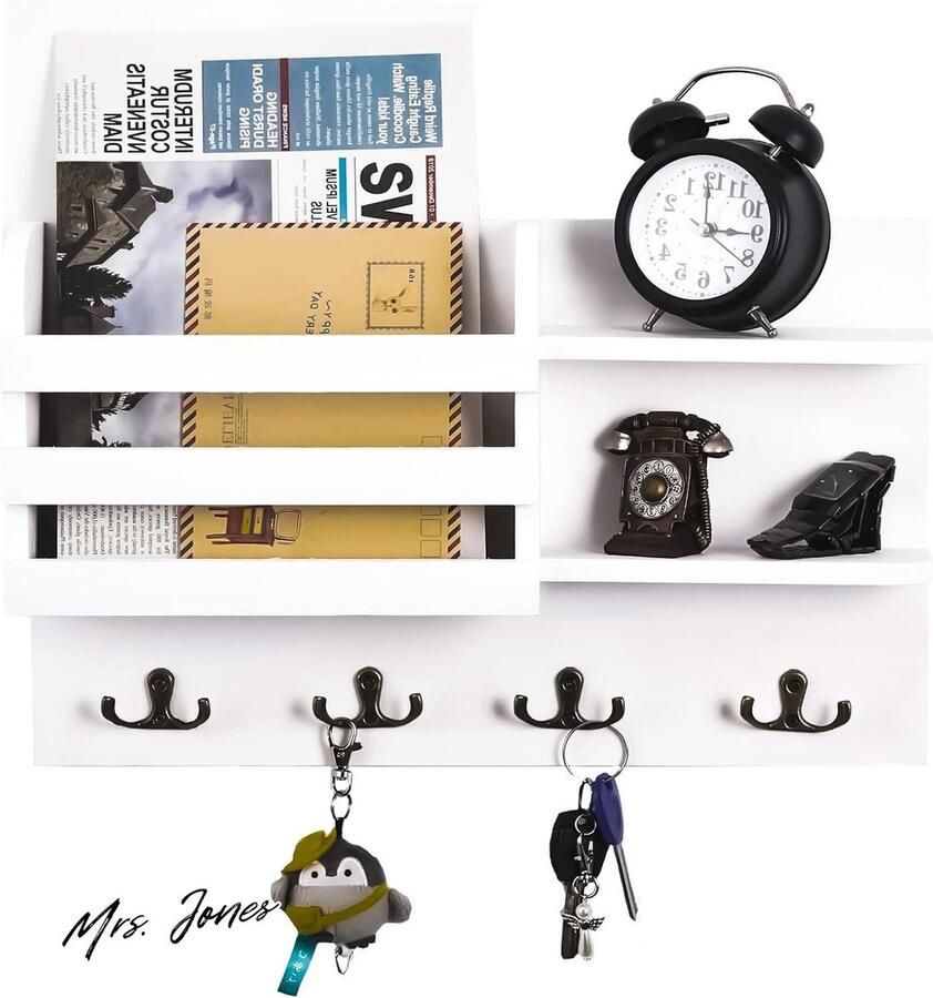 Mrs. Jones Premium Collection Sleutelrek met plank Houten wandrek Organizer 4 haken Entree Kantoor Wit
