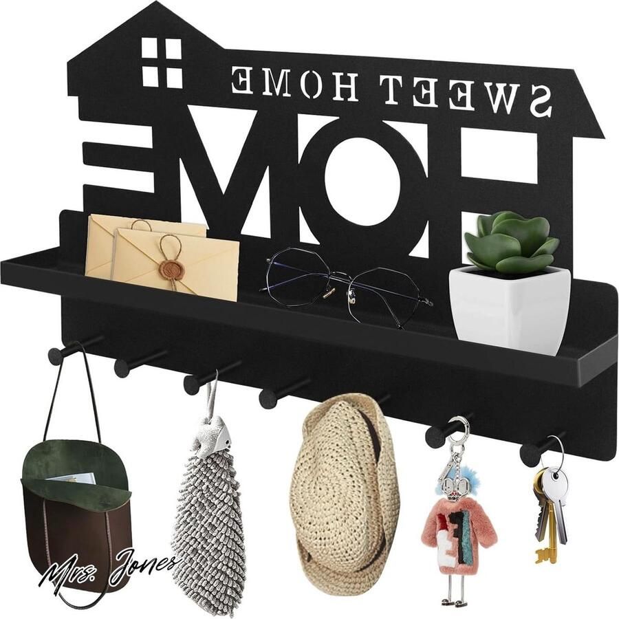 Mrs. Jones Premium Collection Sleutelrek met plank zwart Modern Wandgarderobe Zelfklevend 7 sleutelhaken