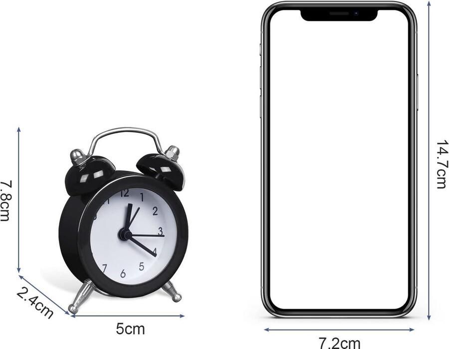 Mrs. Jones Premium Collection Stille Mini-wekker Batterij Retro Luide wekker Slaapkamer Keuken Bureau Nachtkastje Zwart
