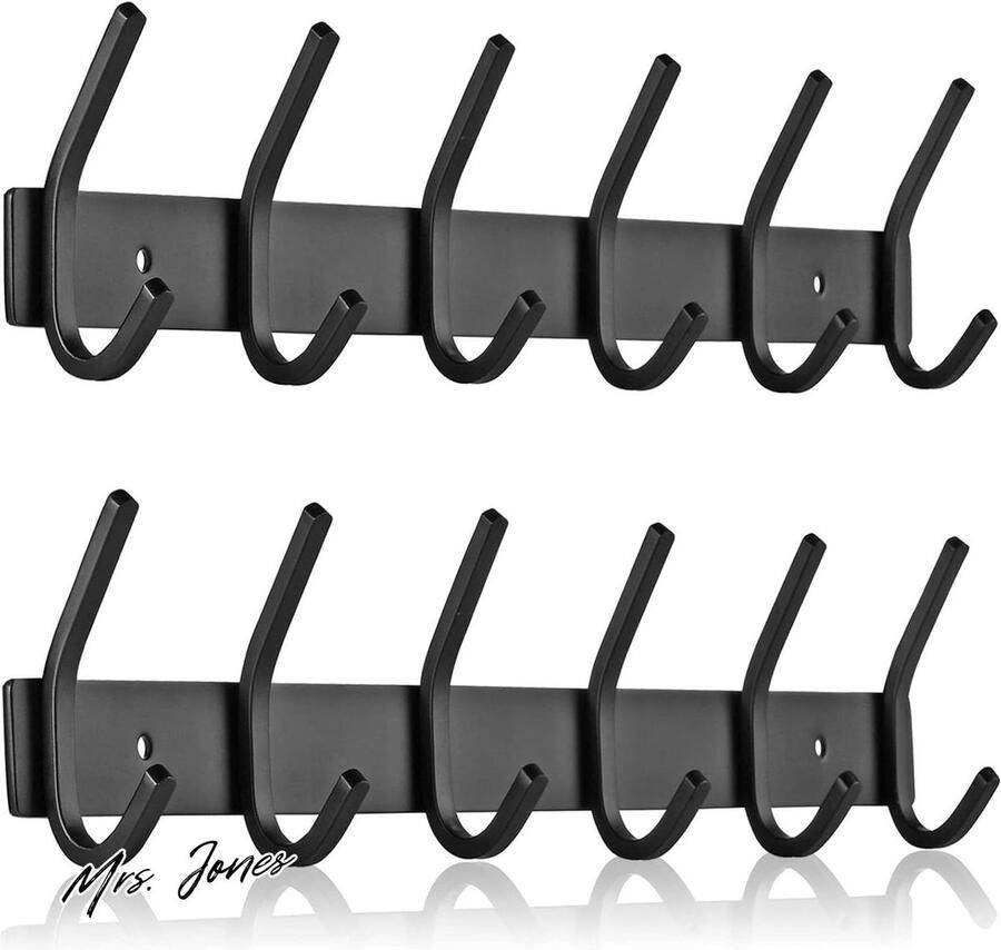 Mrs. Jones Premium Collection Wandkapstok haken Roestvrij staal Slaapkamer badkamer keuken 6 haken 2 stuks Zwart