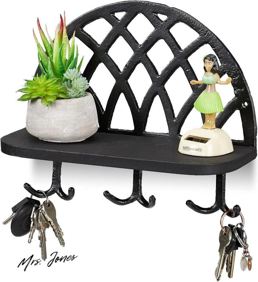 Mrs. Jones sleutelrekje houten plankje haken vintage wandkapstok gietijzer zwart HBD 23x27x12 cm
