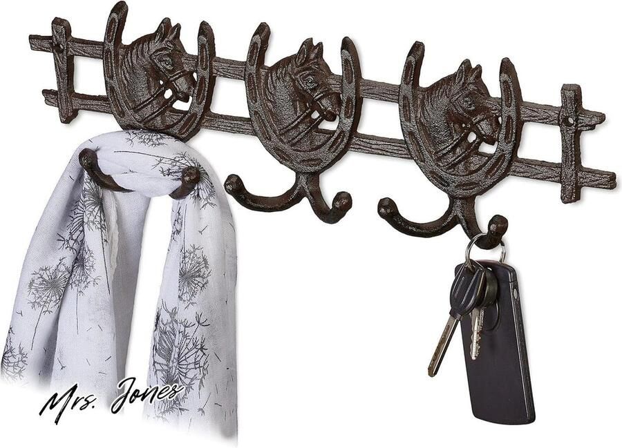 Mrs. Jones Premium Collection Wandkapstok paard gietijzer 6 haken antiek sleutelrekje kapstok haakjes bruin 11x365x35 cm