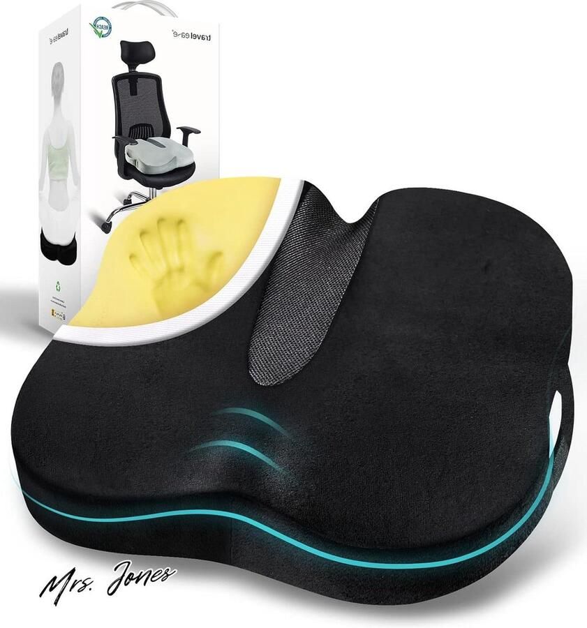 Mrs. Jones Premium Traagschuim Ergonomisch Zitkussen Langdurig Comfort en Heupsteun Zwarte Autostoel Bureaustoel Gamingstoel