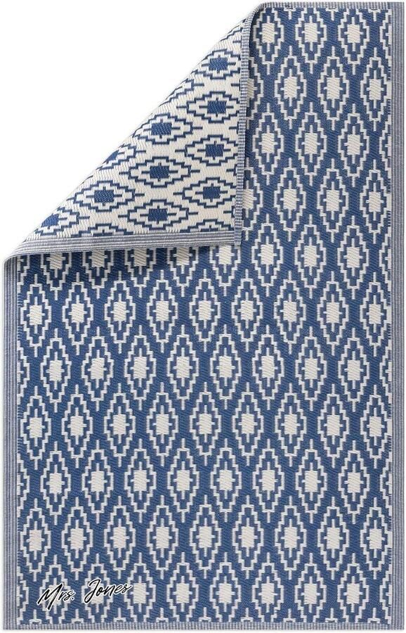 Mrs. Jones Rechthoekig Tuintapijt met Patroon Buitenkleed 120 x 180 cm Kleed voor Tuin Balkon en Binnenshuis Blauw