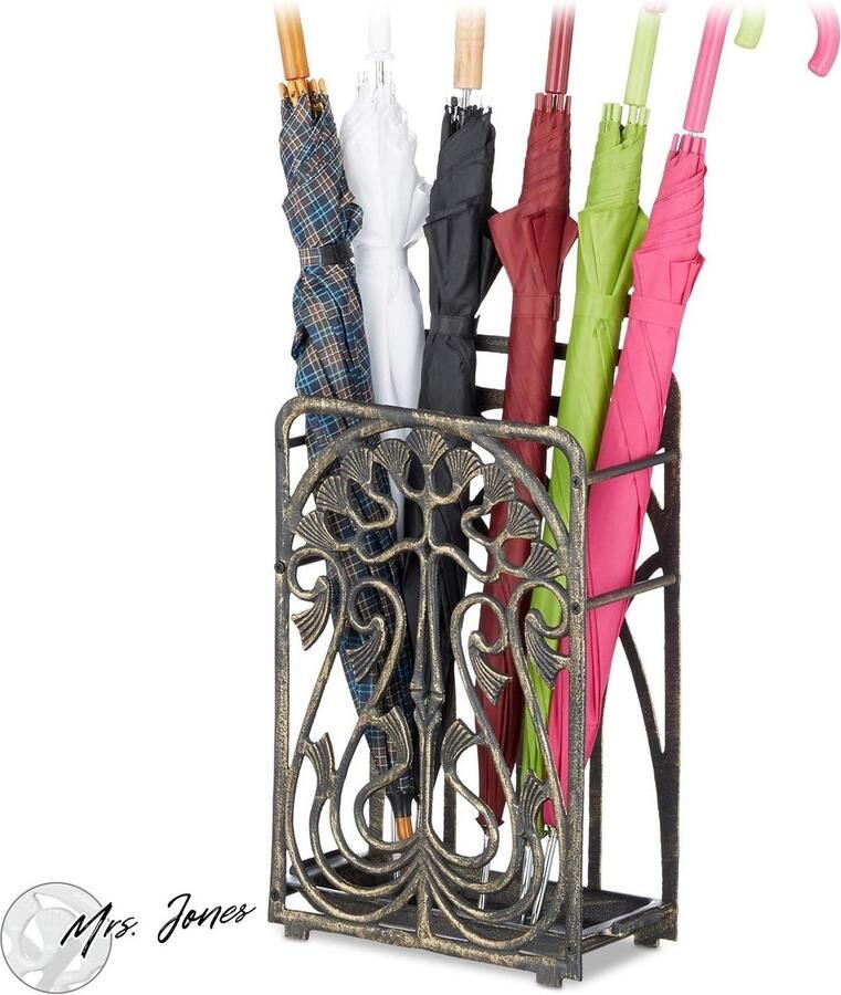 Mrs. Jones Rechthoekige Paraplubak met Lekbak Gietijzer Vintage Paraplustandaard 485x305x16 cm Brons Opbergoplossing voor Paraplu's