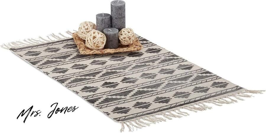 Mrs. Jones Relaxdays loper patroon franjes 60 x 90 cm hal gang woonkamer klein vloerkleed laagpolig zwart