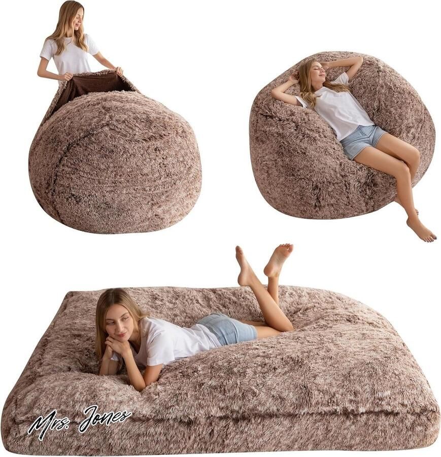 Mrs. Jones Reuzachtige zitzak verstelbaar van poef tot bed grote bank met pluche overtrek en pluizige vulling voor volwassenen koppels gasten bruin individueel