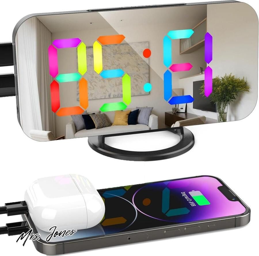 Mrs. Jones RGB Digitale wekker met 11 kleuren slaapkamer led-spiegeldisplay klok voor kinderen tieners nachtkastje decoratie zwart