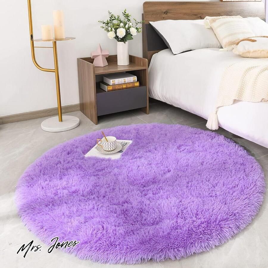 Mrs. Jones Rond vloerkleed voor woonkamer shaggy slaapkamer groot formaat pluizig tapijt moderne stijl slaapkamer bank mat paars Ø 100