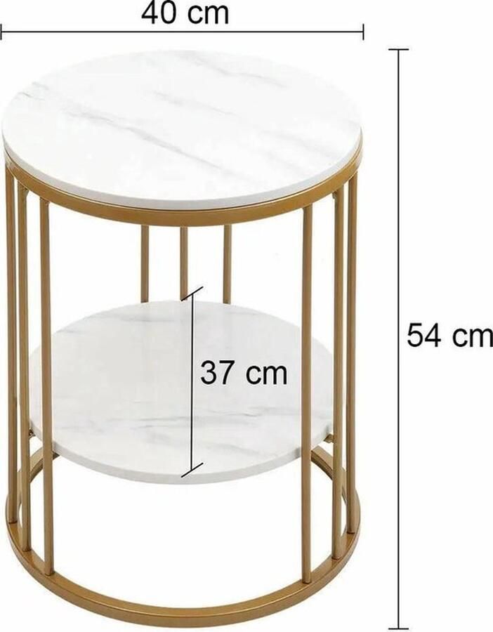 Mrs. Jones Ronde Bijzettafel Koffietafel Salontafel Nachtkastje 2-Laags met Wit Marmer Modern Design Goud 40x40x54cm