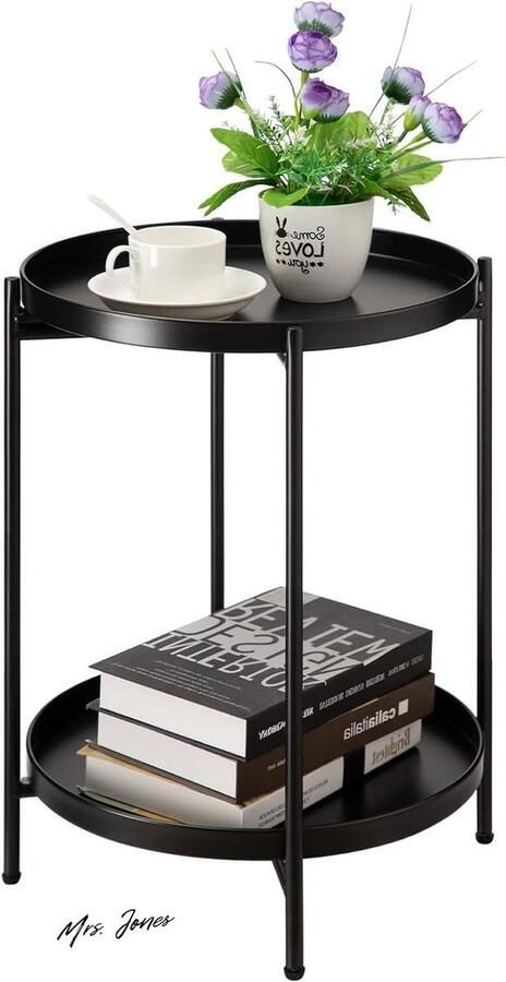 Mrs. Jones Ronde Bijzettafel Metalen Bijzettafel met 2 Lagen Snacktafel Salontafel Nachtkastje Banktafel Geschikt voor Woonkamer Slaapkamer Balkon of Terras Zwart Modern Design Luxe Stijl