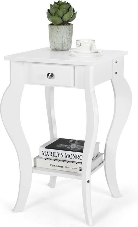 Mrs. Jones Ronde Bijzettafel Ronde Accent Nachtkastje met Lade Onderste plank Houten constructie Bank Bijzettafel voor Slaapkamer Woonkamer Ingang Makkelijk In elkaar te zetten Wit Zwart Koffie (Wit)