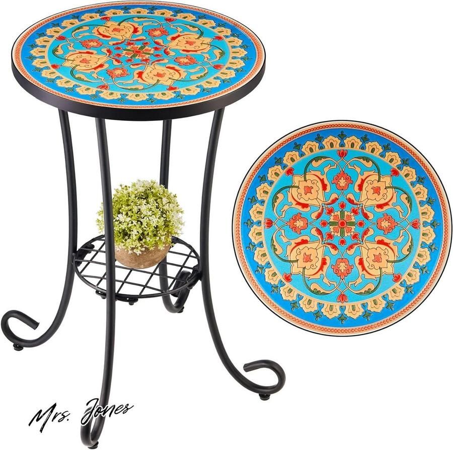 Mrs. Jones Ronde Retro Mozaiek Bijzettafel Metalen Salontafel Bloemenkruk Plantenstandaard 14 Bloemenrek met Mozaiek Top Rood & Blauw