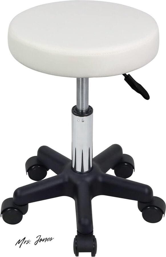Mrs. Jones Ronde Rolling Kruk Hoogte Verstelbaar Met Wielen Voor Spa Salon Massage Wit