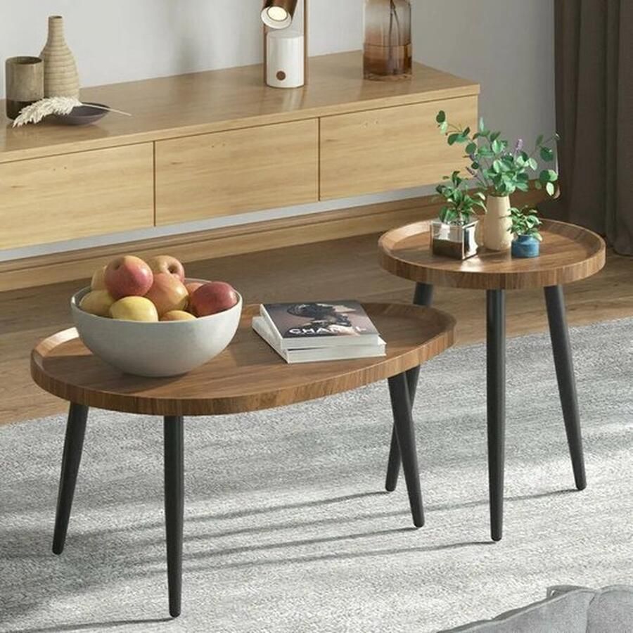 Mrs. Jones Ronde Salontafel set van 2 Bijzettafel Modern Tafelblad Metalen Poten Woonkamer Kantoor Hout
