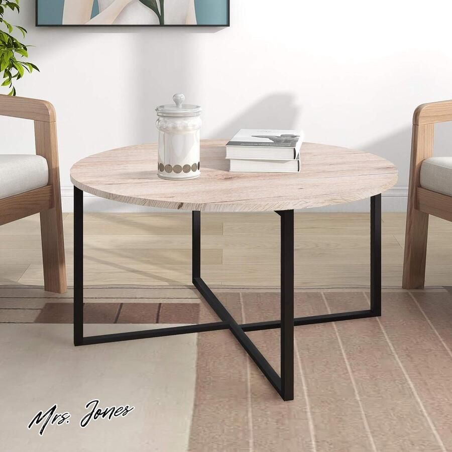 Mrs. Jones Ronde salontafel theetafel voor woonkamer met metalen poten zwart-wit eiken en design