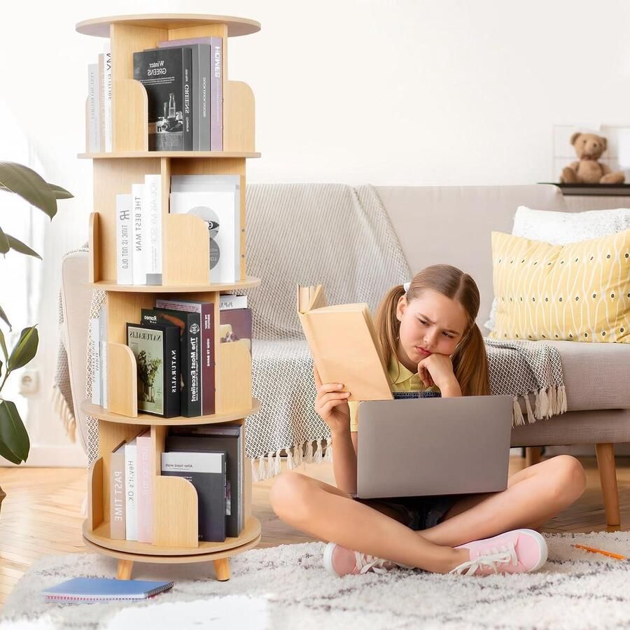 Mrs. Jones Roterende boekenkast voor kinderen houten boekenplanken draaibaar boekenrek rond voor kinderkamer ruimtebesparend (4 planken)
