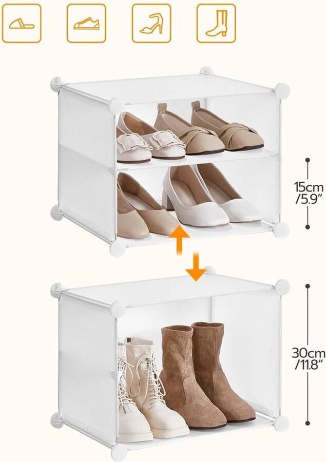 Mrs. Jones Ruim Schoenenrek met 16 Vakken Modulaire Schoenenkast Voor 64 Paar Schoenen Praktisch en Elegant Wit