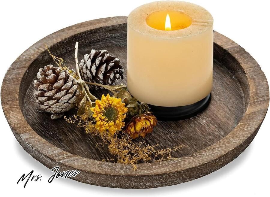 Mrs. Jones Rustieke ronde houten dienblad Romadedi decoratieve kaarsenbak voor pijlerkaarsen boerderij eetkamer salontafel middelpunt keuken aanrecht thuis woonkamer decor 28 cm met handvat vintage stijl landelijke inrichting