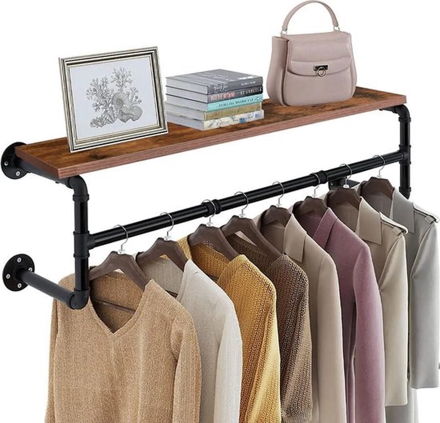 Mrs. Jones ™ Rustieke wandkapstok Ruimtebeparende garderobe Industrieel steigerbuis design Houten legplank 100x25x22cm