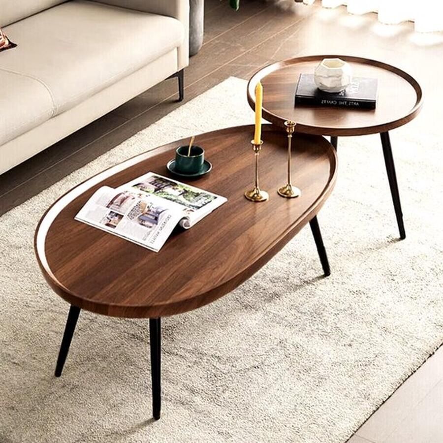 Mrs. Jones Salontafel assymetrisch Druppelvorm Dubbele salontafel Koffietafel Industrieel Bruin hout Zwart metaal