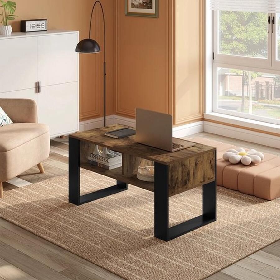 Mrs. Jones Salontafel Bijzettafel Met Opslagruimte Hout Metalen Poten Koffietafel Zwart Bruin Industrieel 90x45x45CM