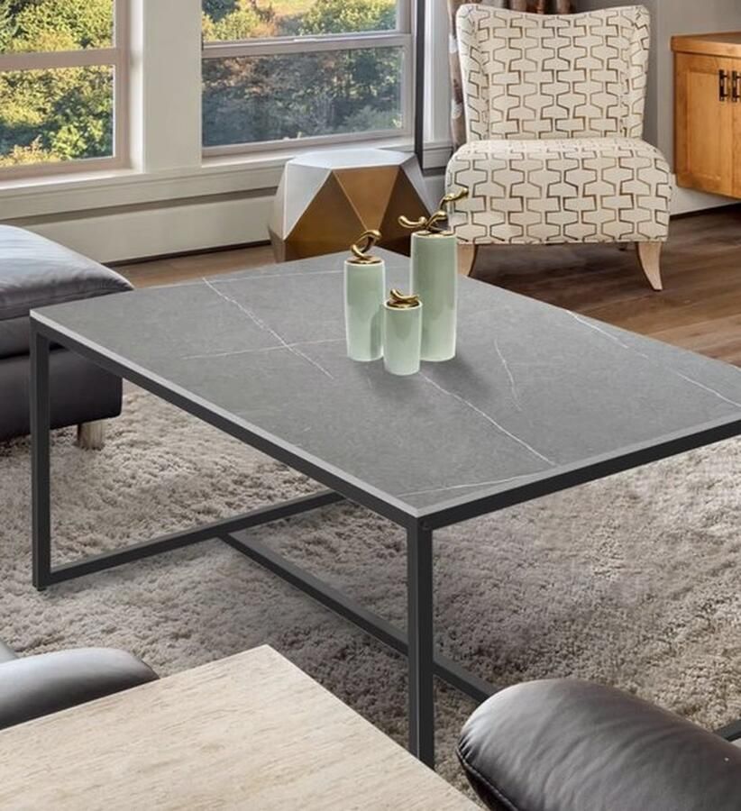 Mrs. Jones Salontafel Gesinterd steen salontafel Marmerlook Tafel Rechthoek Grijs 100x60x43cm