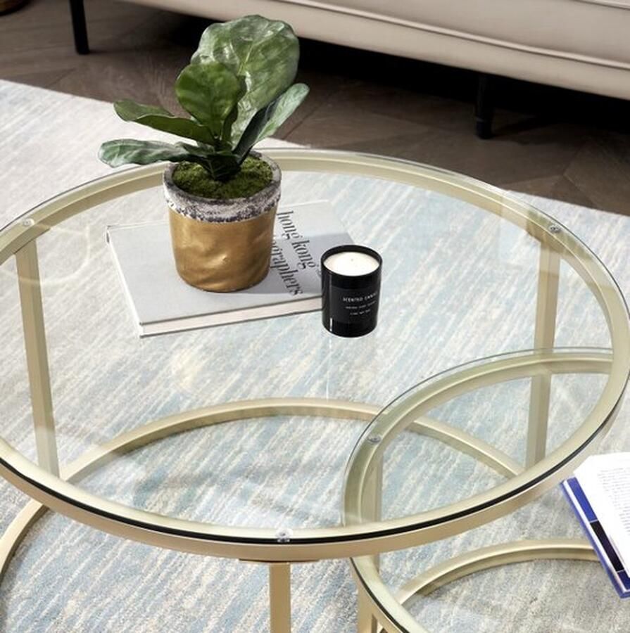 Mrs. Jones Salontafel Goud Salontafel Gouden frame Glazen tafel Rond Goud Set van 2 80cm en 60cm