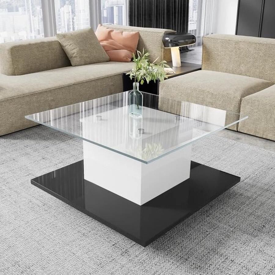 Mrs. Jones Salontafel Hoogglans Glas Glazen Salontafel LED Verlichting Beweegbare Salontafel Vierkant Met Zwenkwielen Zwart met Wit