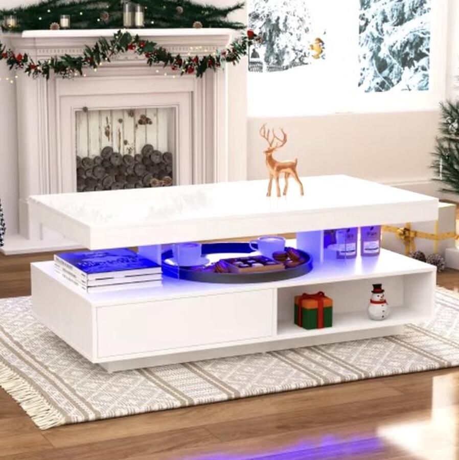 Mrs. Jones Salontafel Hoogglans salontafel Luxe salontafel 2 Lades 2 Vakken Glazen inzetstukken LED verlichting App gestuurd Hoogglans Wit