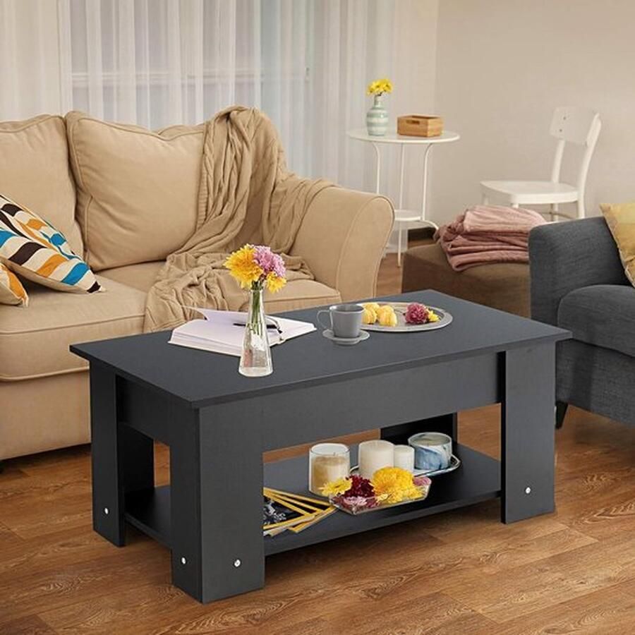 Mrs. Jones Salontafel in hoogte verstelbaar eettafel met geïntegreerd vak salontafel met 2 planken bijzettafel met groot tafelblad salontafel van hout voor woonkamer kantoor en cafés (zwart)