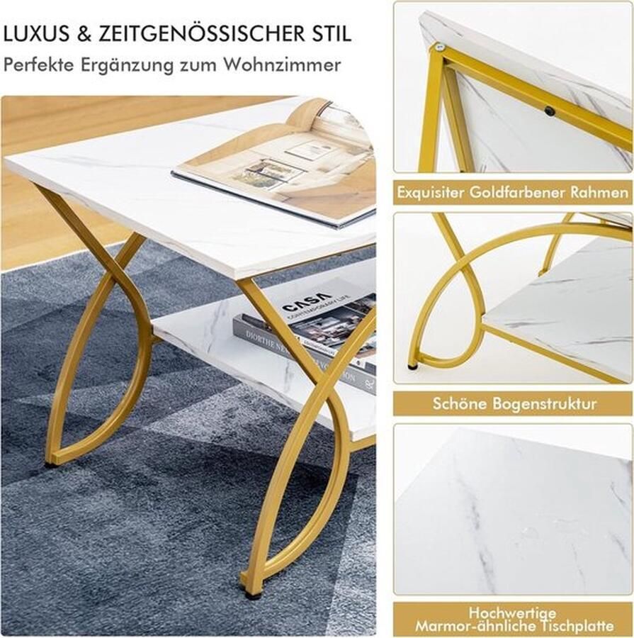 Mrs. Jones Salontafel in marmerlook koffietafel met plank en metalen frame woonkamertafel bijzettafel banktafel voor woonkamer 100 x 50 x 45 cm (goud-wit)